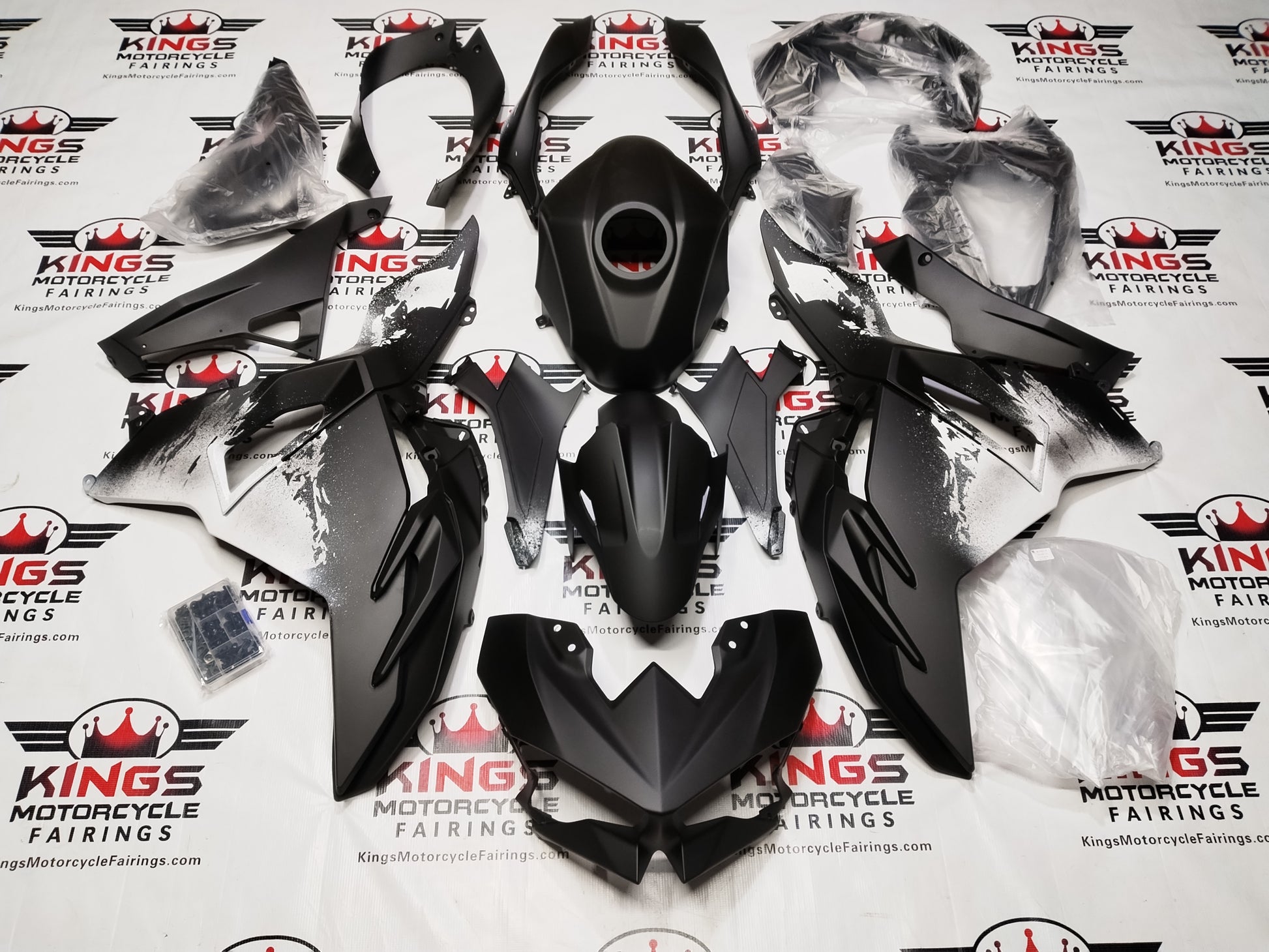 Kawasaki Ninja 500 Fairings (2024-2025) Matte Black, White Splash from KingsMotorcycleFairings.com