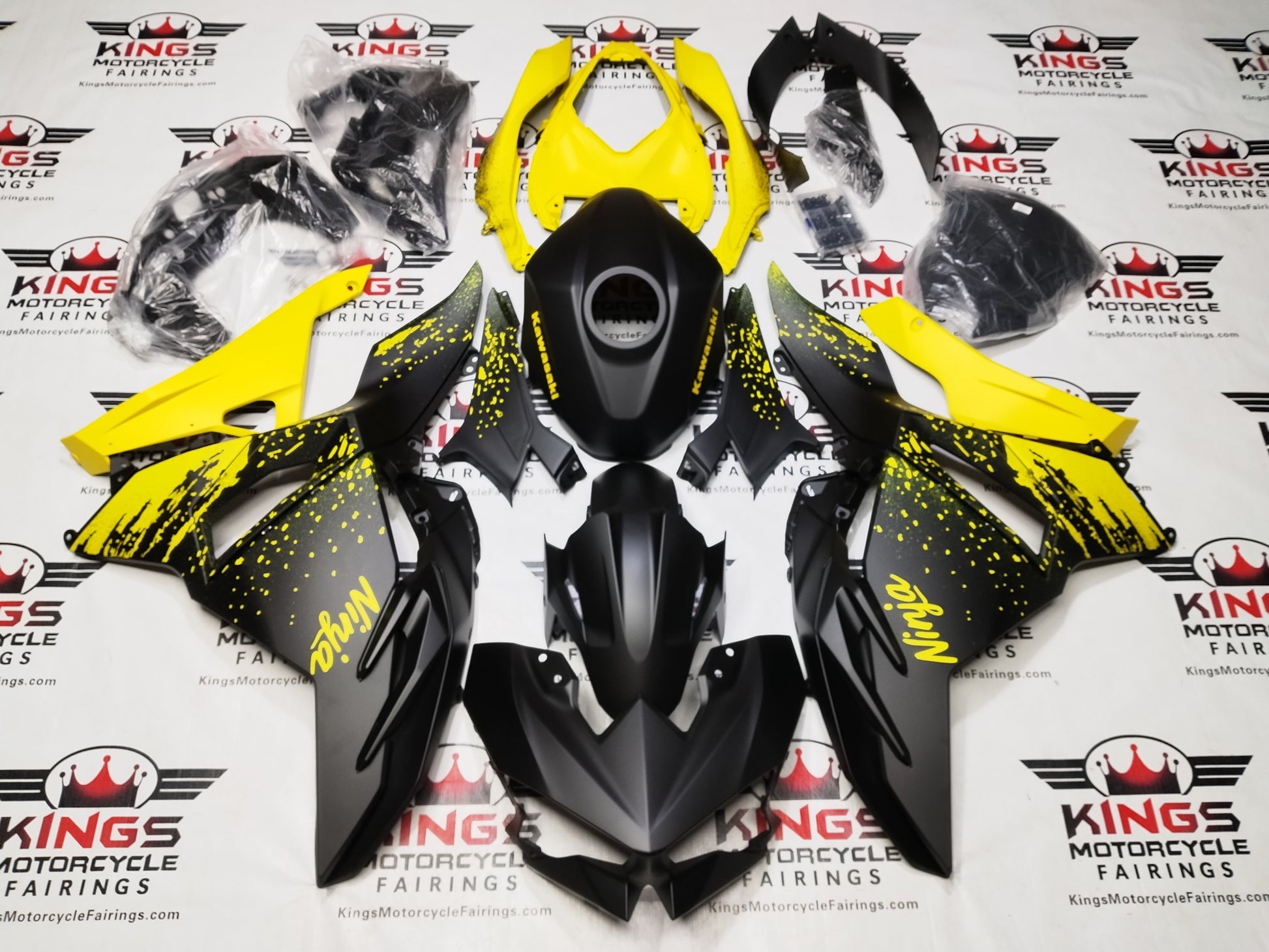 Kawasaki Ninja 500 Fairings (2024-2025) Matte Black, Yellow Splash at KingsMotorcycleFairings.com