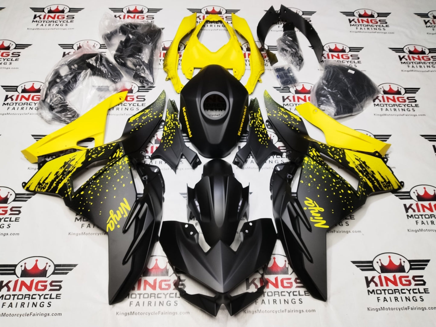 Kawasaki Ninja 500 Fairings (2024-2025) Matte Black, Yellow Spray at KingsMotorcycleFairings.com