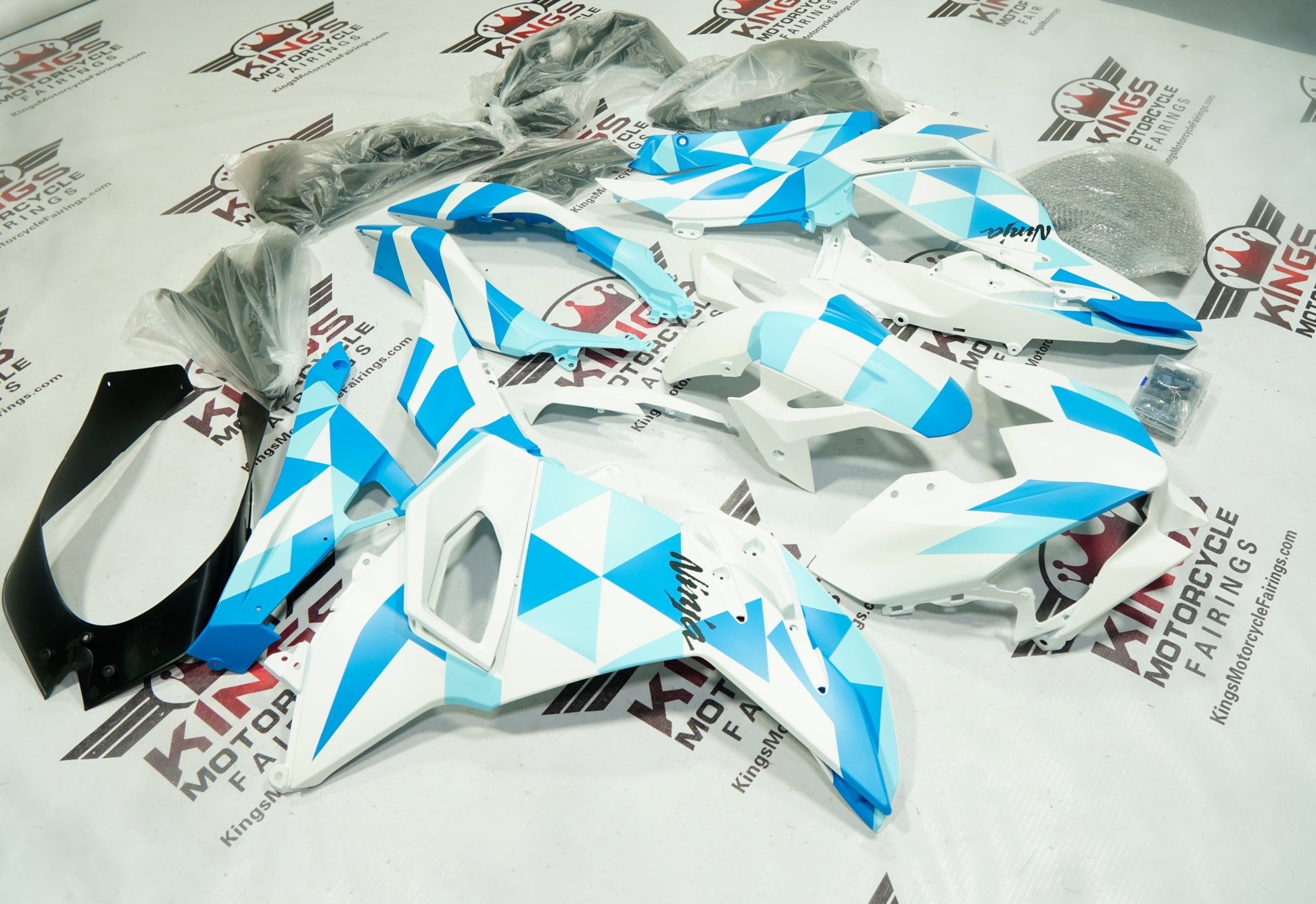 Kawasaki Ninja 500 Fairings (2024-2025) Matte Blue, White at KingsMotorcycleFairings.com
