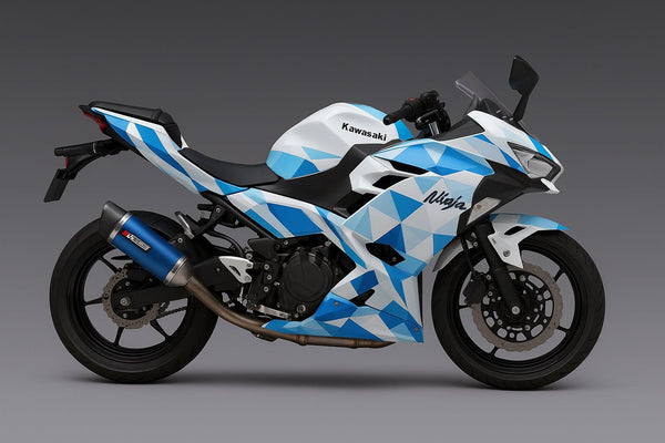 Kawasaki Ninja 500 Fairings (2024-2025) Matte White, Blue Geometric at KingsMotorcycleFairings.com