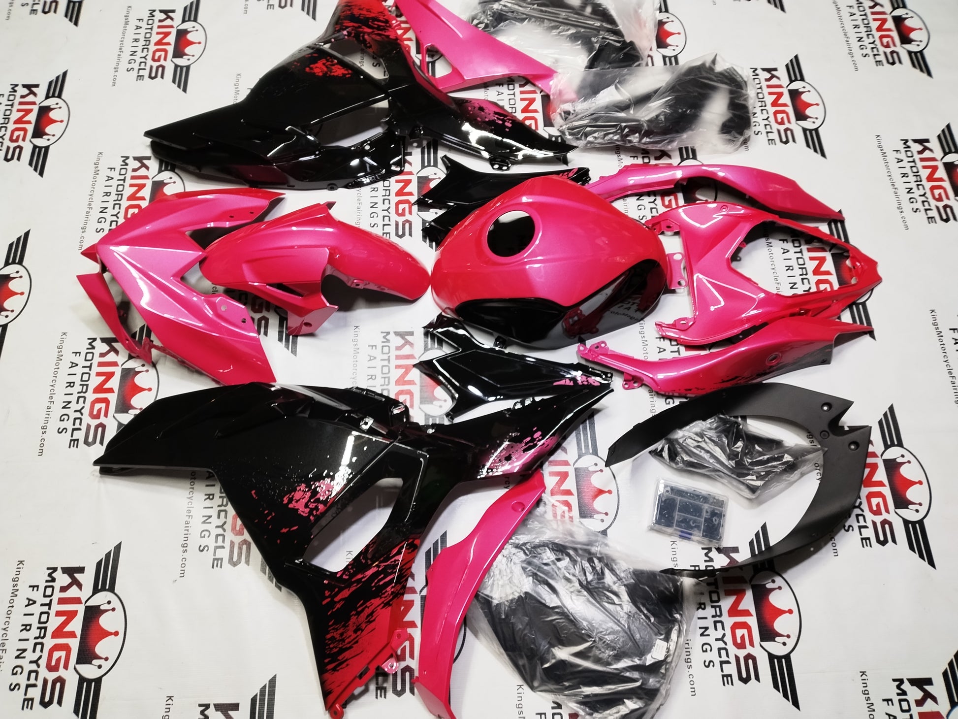Kawasaki Ninja 500 Fairings (2024-2025) Pink Splash, Black Gloss from KingsMotorcycleFairings.com