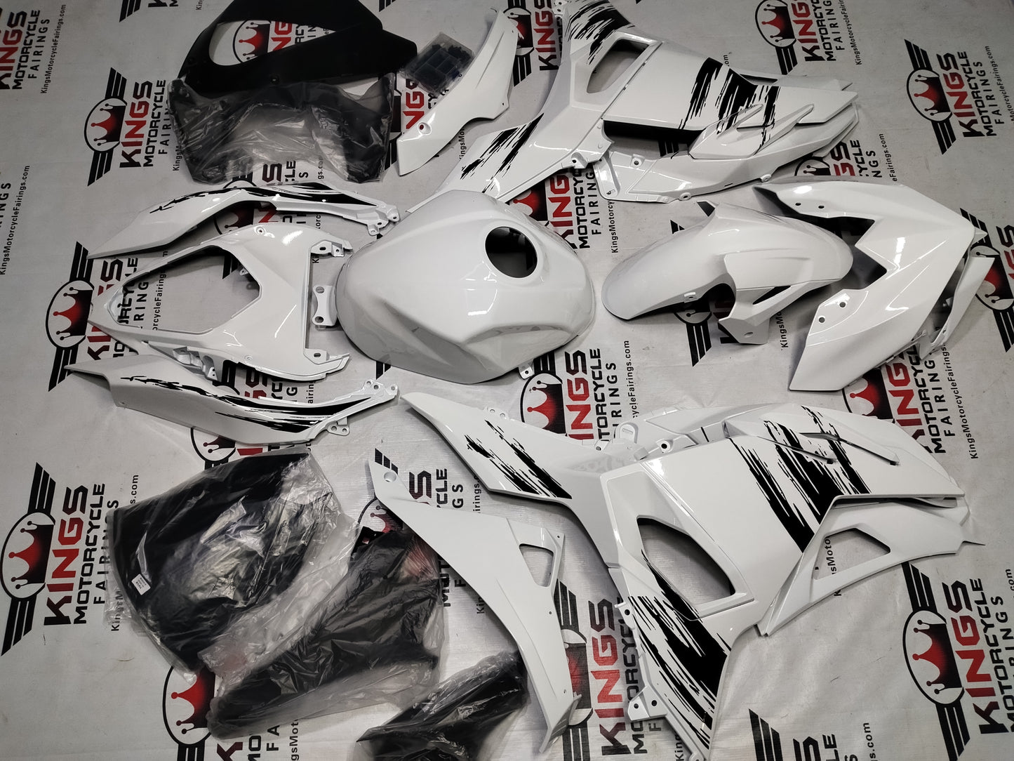 Kawasaki Ninja 500 Fairings (2024-2025) White, Black Brush Stripes at KingsMotorcycleFairings.com