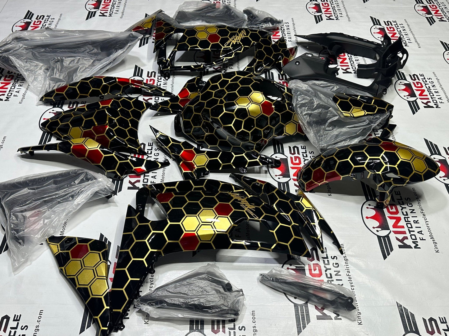 Kawasaki Ninja 650 Fairing Set (2020-2025) Black, Gold, Red Honeycomb at KingsMotorcycleFairings.com