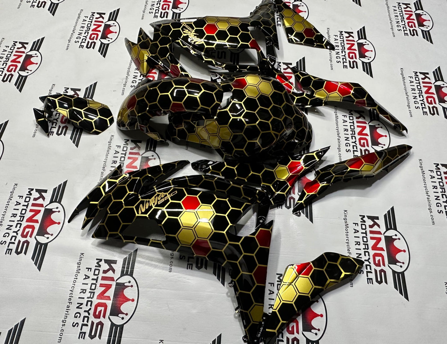 Kawasaki Ninja 650 Fairing Set (2020-2025) Honeycomb Black, Gold, Red from KingsMotorcycleFairings.com