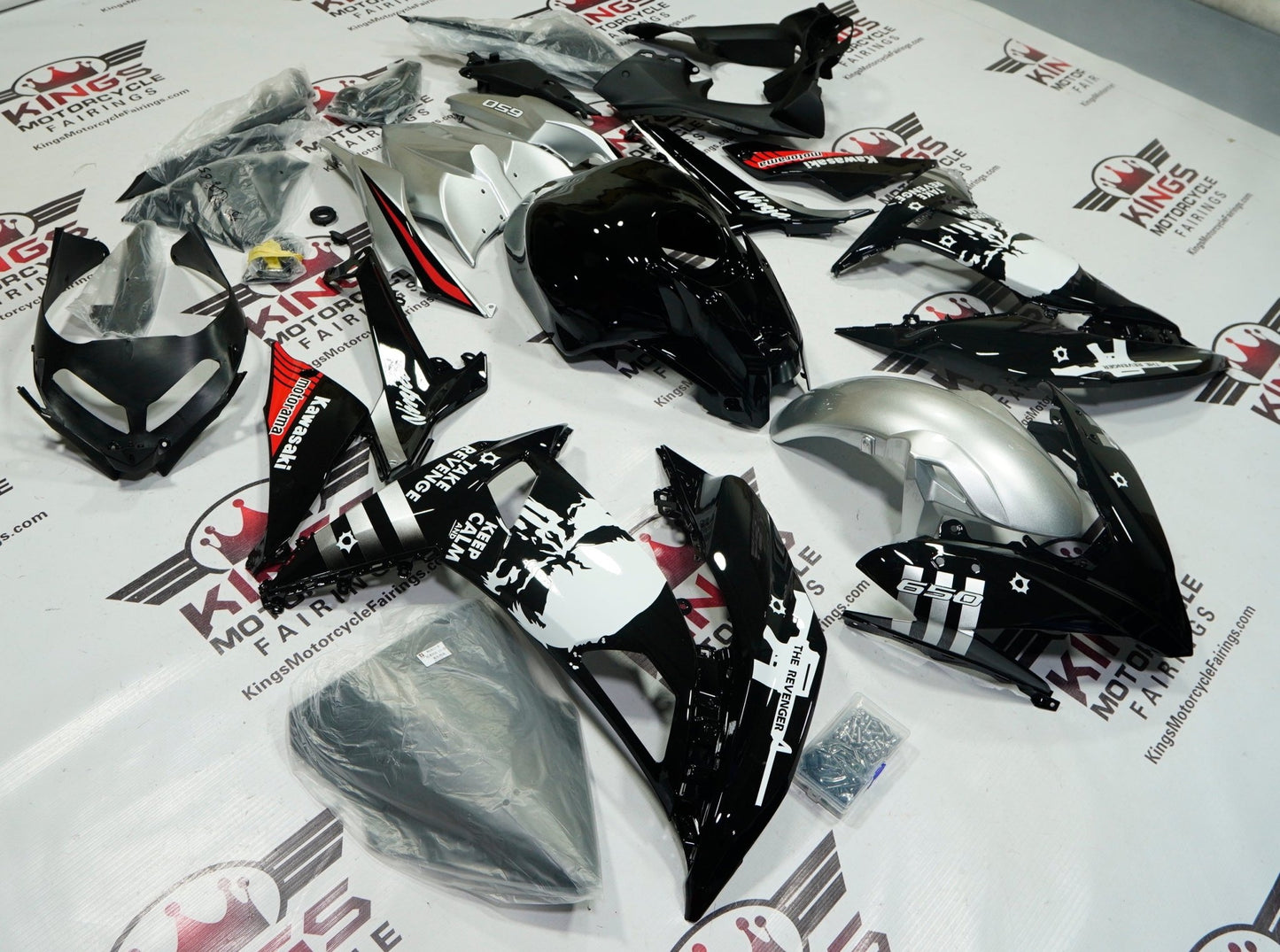 Kawasaki Ninja 650 Fairing set (2017-2019) Black, Silver, White Punisher at KingsMotorcycleFairings.com
