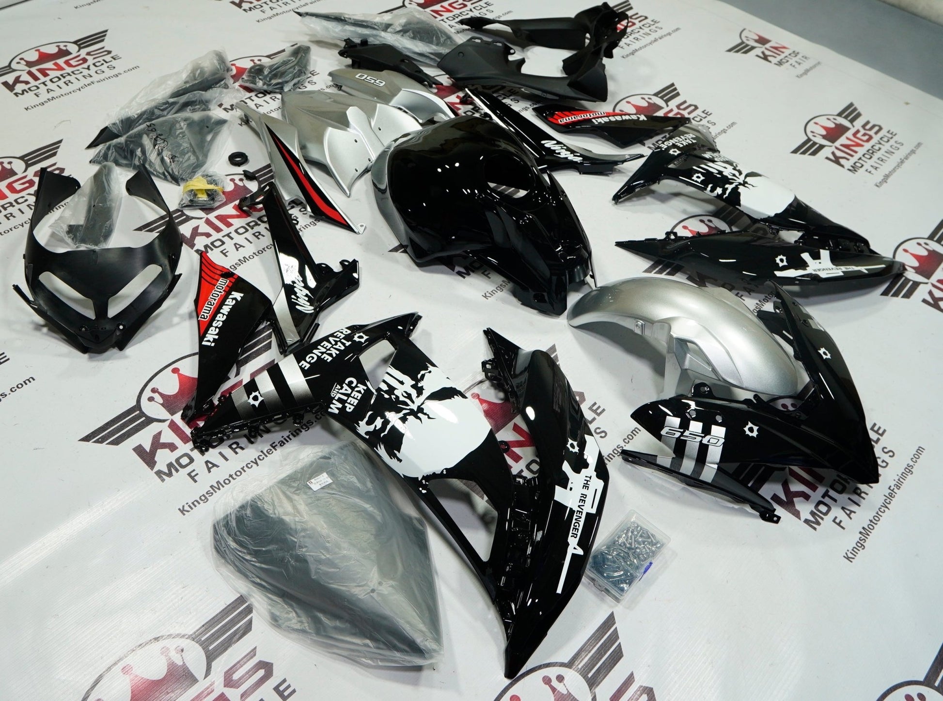 Kawasaki Ninja 650 Fairing set (2017-2019) Black, Silver, White Punisher at KingsMotorcycleFairings.com