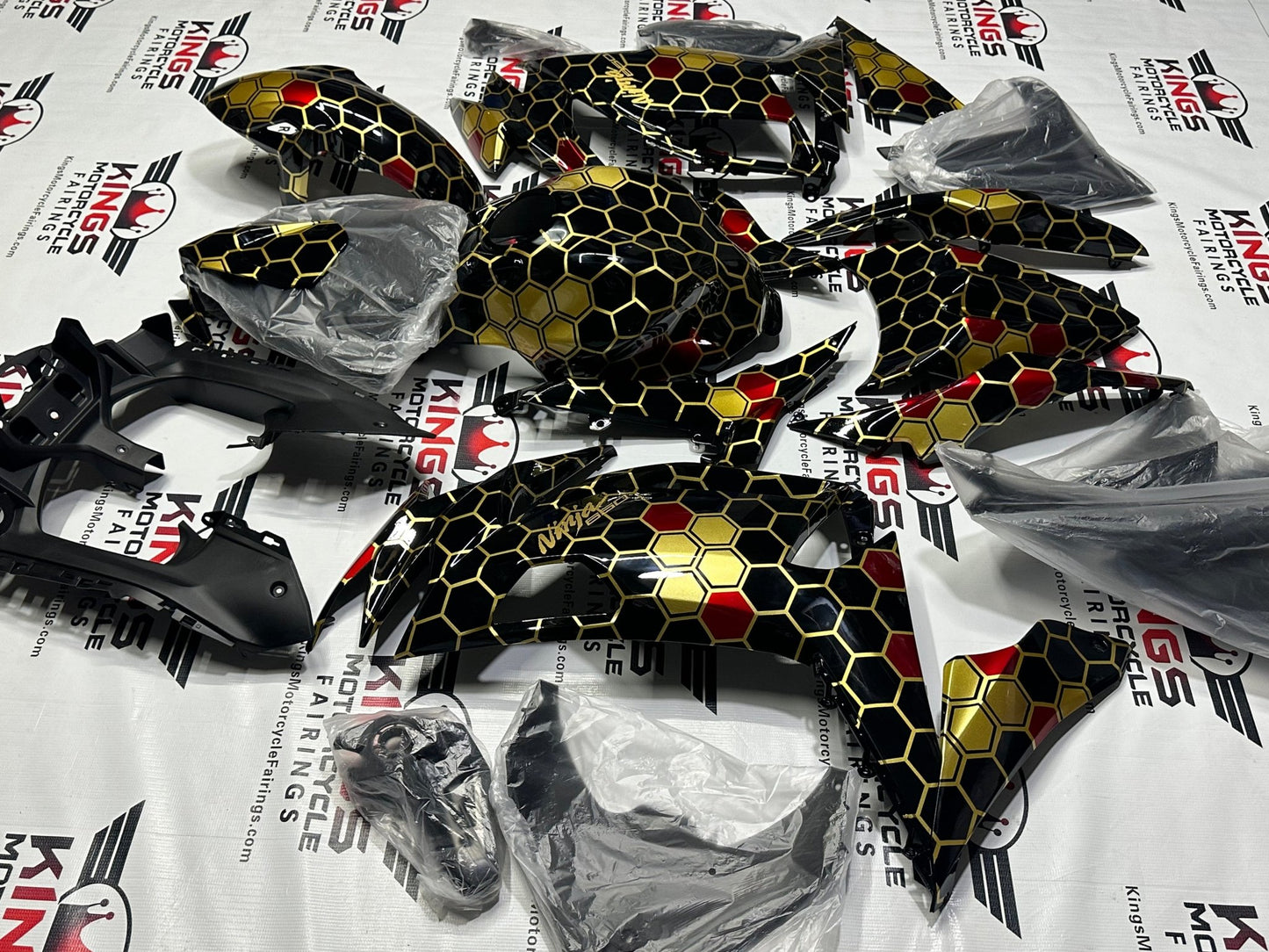 Kawasaki Ninja 650 Fairings (2020-2025) Black, Gold, Red Honeycomb by KingsMotorcycleFairings.com
