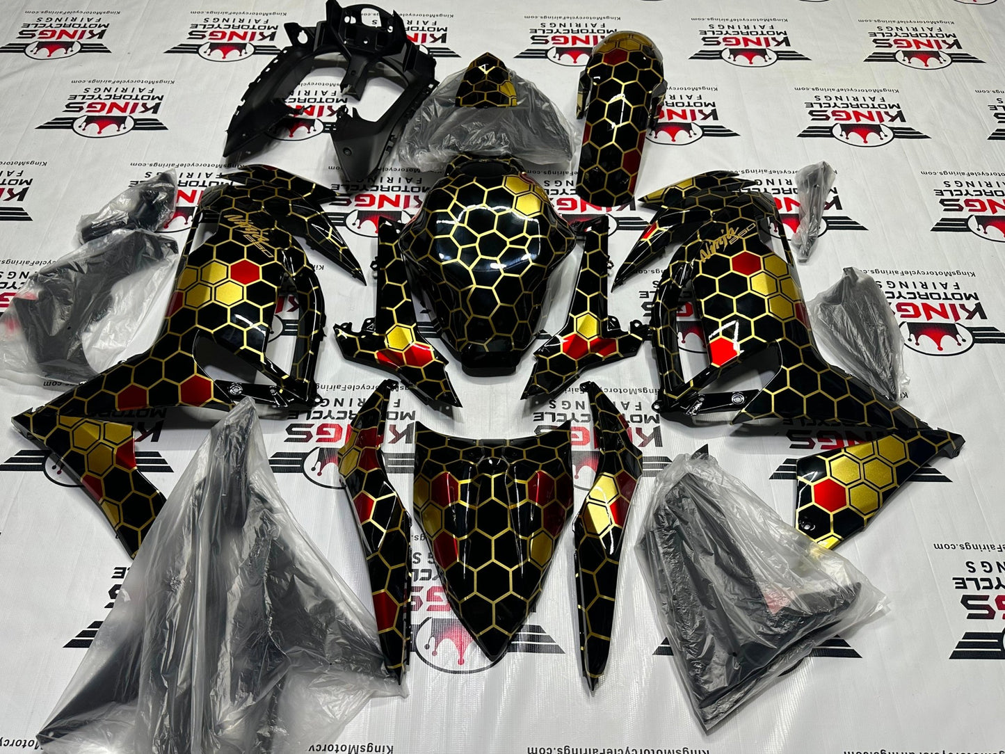 Kawasaki Ninja 650 Fairings (2020-2025) Black, Gold, Red Honeycomb from KingsMotorcycleFairings.com