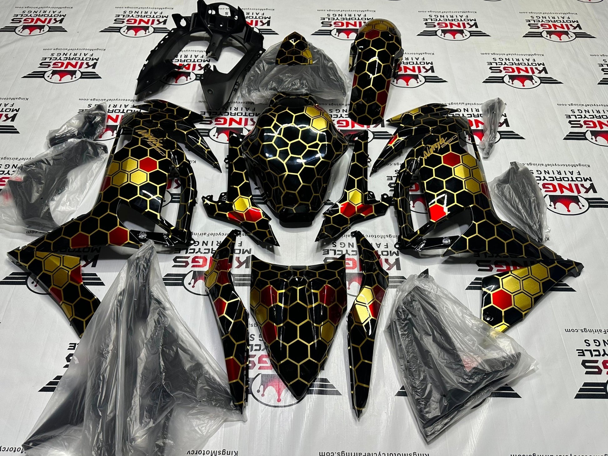 Kawasaki Ninja 650 Fairings (2020-2025) Black, Gold, Red Honeycomb from KingsMotorcycleFairings.com