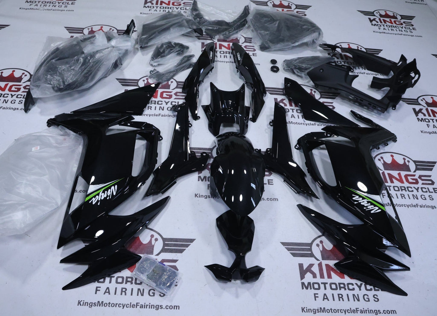 Kawasaki Ninja 650 Fairings (2020-2025) Black, White, Green Gloss at KingsMotorcycleFairings.com