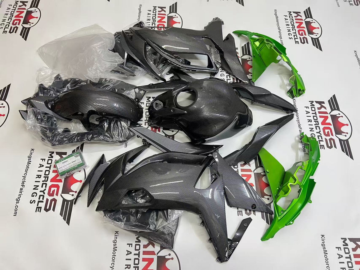 Kawasaki Ninja 650 Fairings (2020-2025) Faux Carbon Fiber, Lime Green from KingsMotorcycleFairings.com