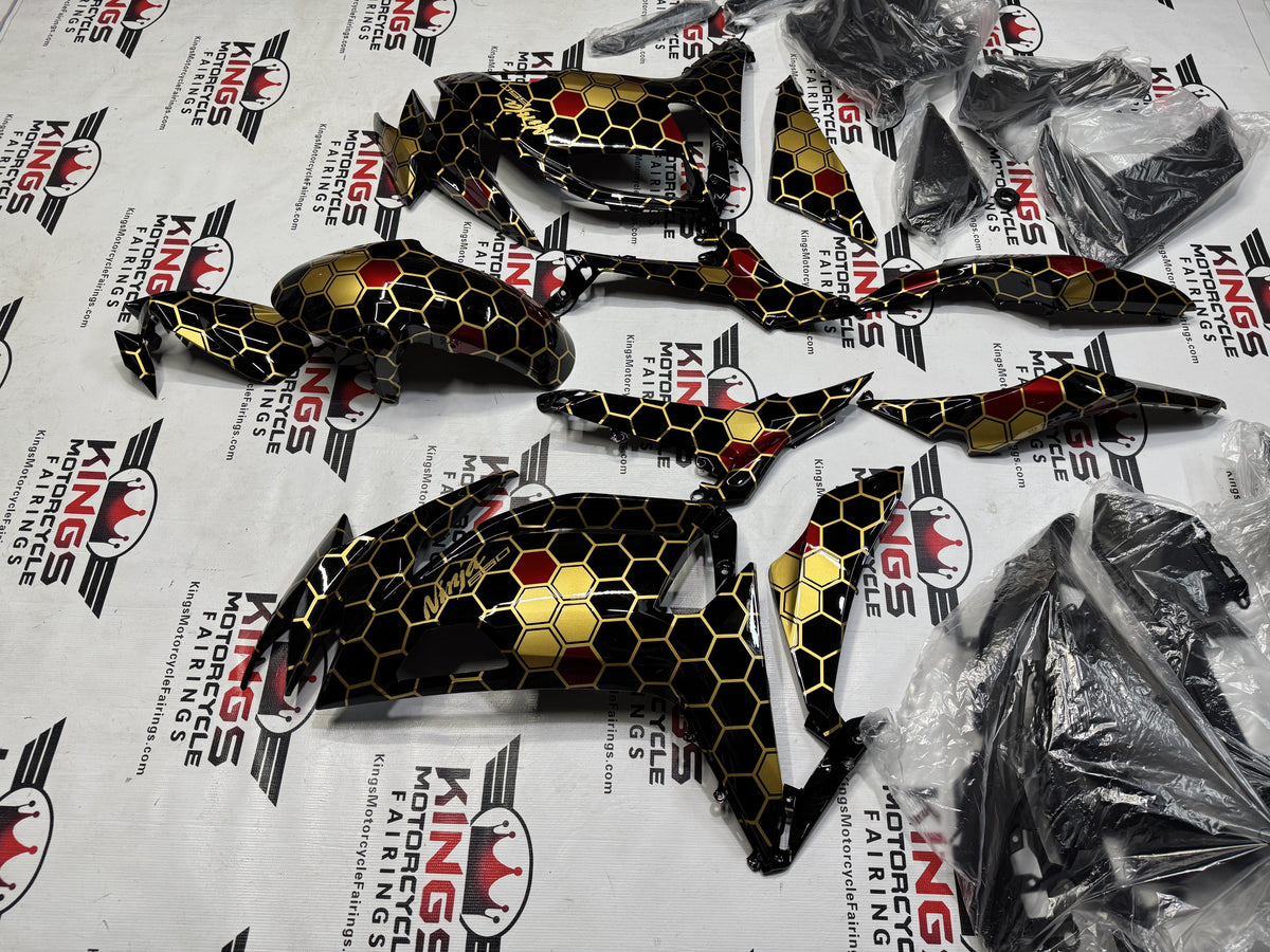 Kawasaki Ninja 650 Fairings (2020-2025) Gold, Black, Red Honeycomb from KingsMotorcycleFairings.com
