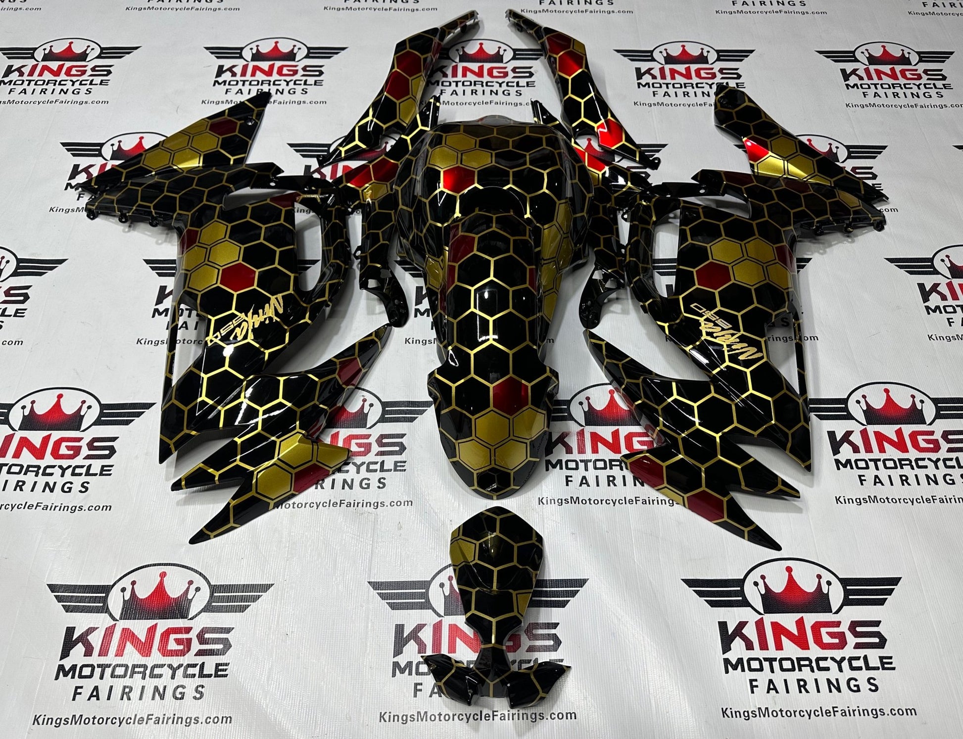 Kawasaki Ninja 650 Fairings (2020-2025) Honeycomb Black, Gold, Red at KingsMotorcycleFairings.com