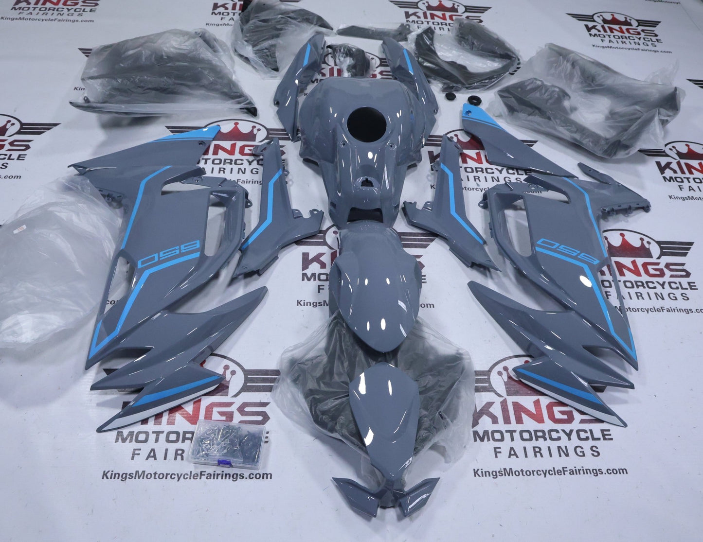 Kawasaki Ninja 650 Fairings (2020-2025) Nardo Gray, Blue Stripes from KingsMotorcycleFairings.com