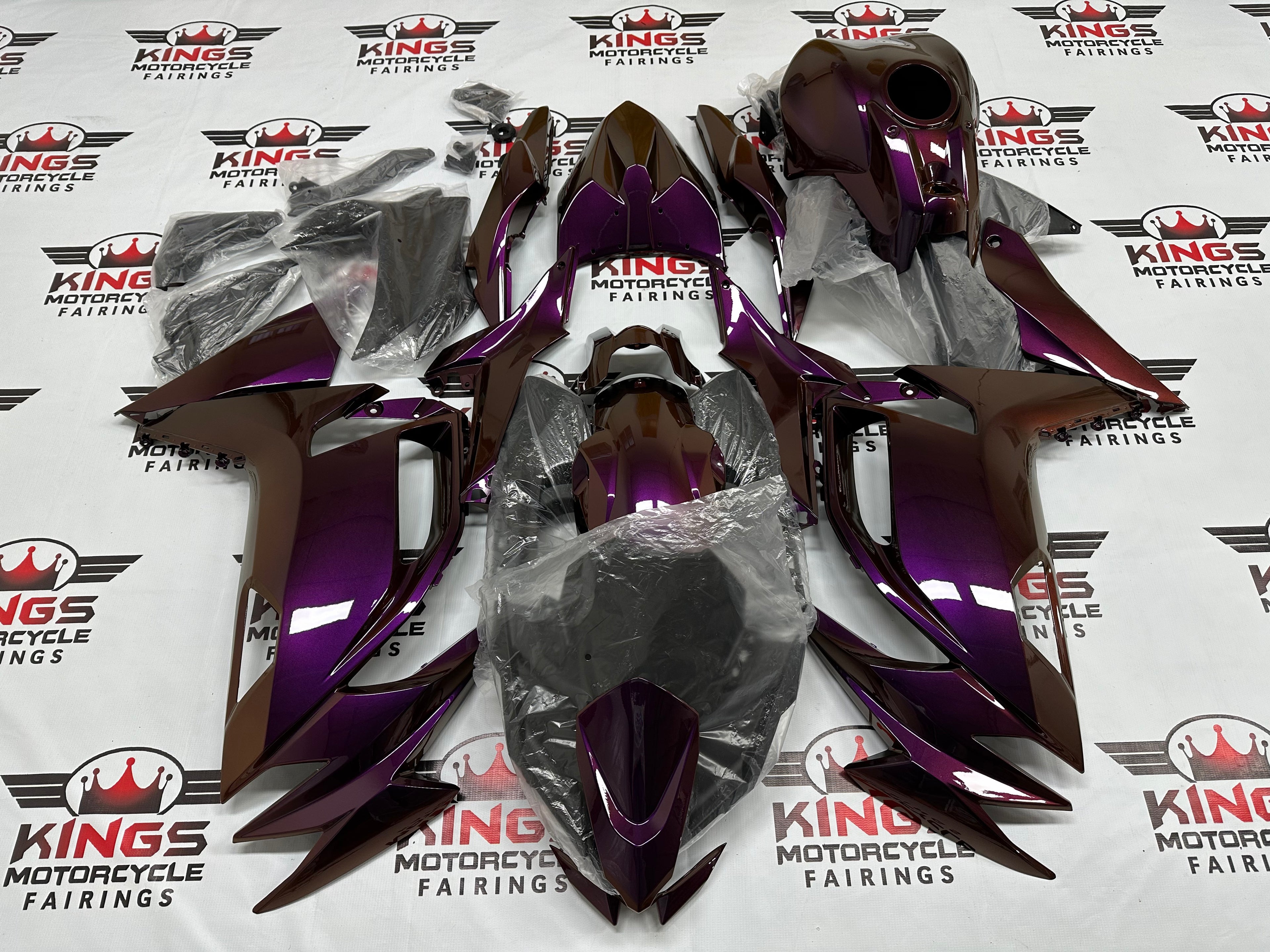 Fairings for Kawasaki Ninja 650 (2020-2025) Purple, Orange Chameleon at KingsMotorcycleFairings.com