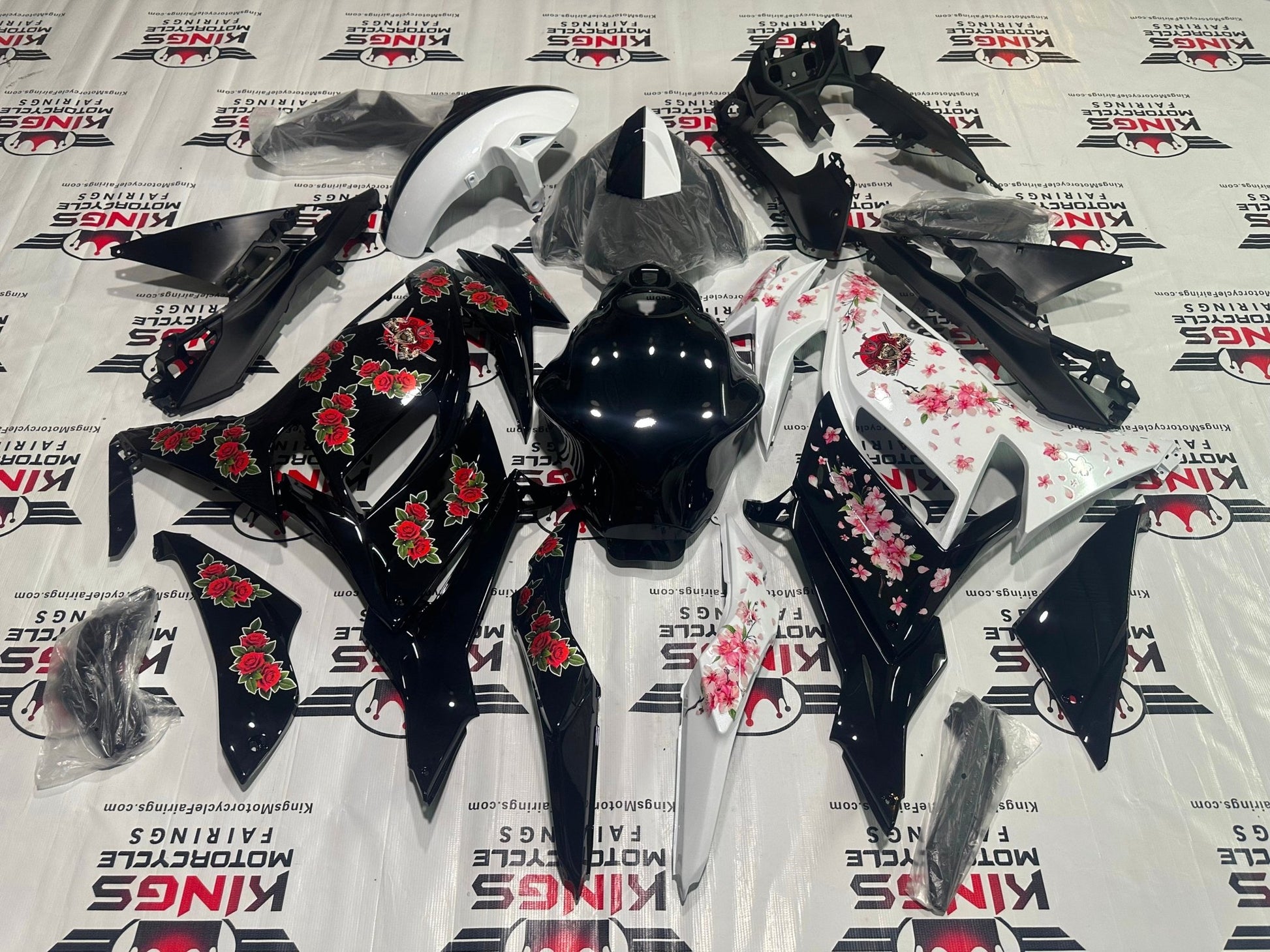 Kawasaki Ninja 650R Fairings (2020-2023) Black Rose, White Blossom at KingsMotorcycleFairings.com