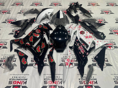 Kawasaki Ninja 650R Fairings (2020-2023) Black Rose, White Blossom at KingsMotorcycleFairings.com