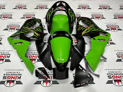 Kawasaki Ninja ZX-12R Fairings (2000-2001) Black, Green Fire Flames at KingsMotorcycleFaierings.com