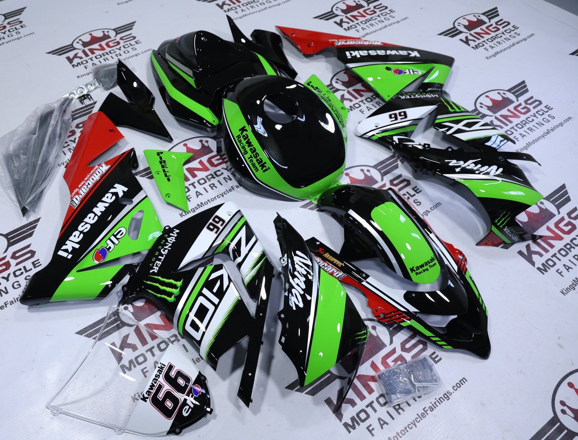 Kawasaki Ninja ZX10R Fairing Kit (2004-2005) Black, Green, Elf 66 at KingsMotorcycleFairings.com