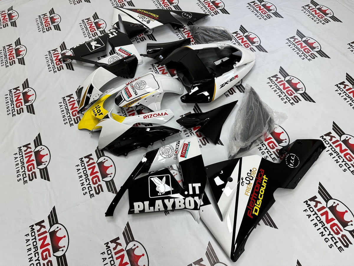 Kawasaki Ninja ZX10R Fairings (2004-2005) Black, White, Yellow Playboy at KingsMotorcycleFairings.com