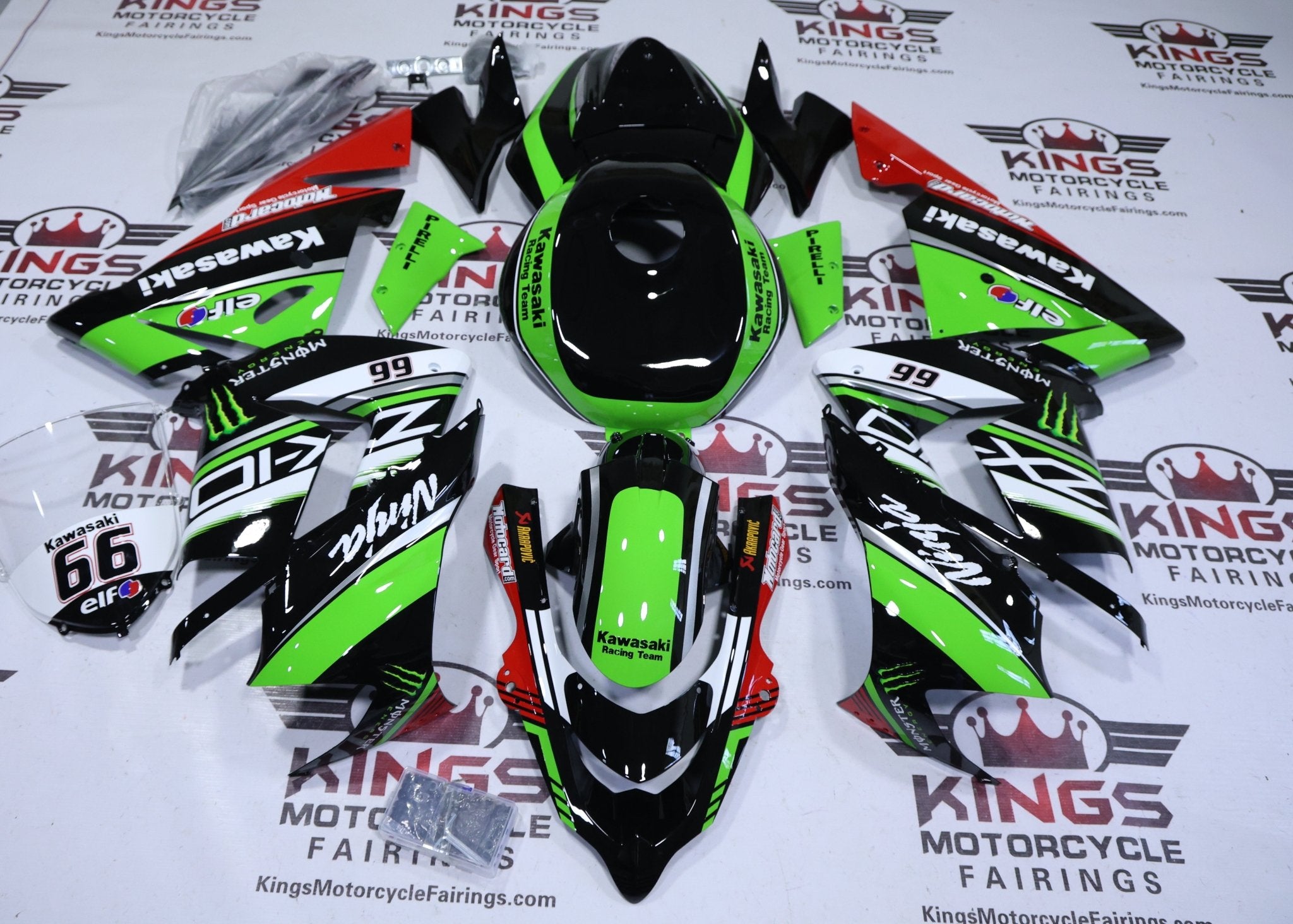 Kawasaki Ninja ZX10R Fairings (2004-2005) Green, Black, Elf 66 at KingsMotorcycleFairings.com