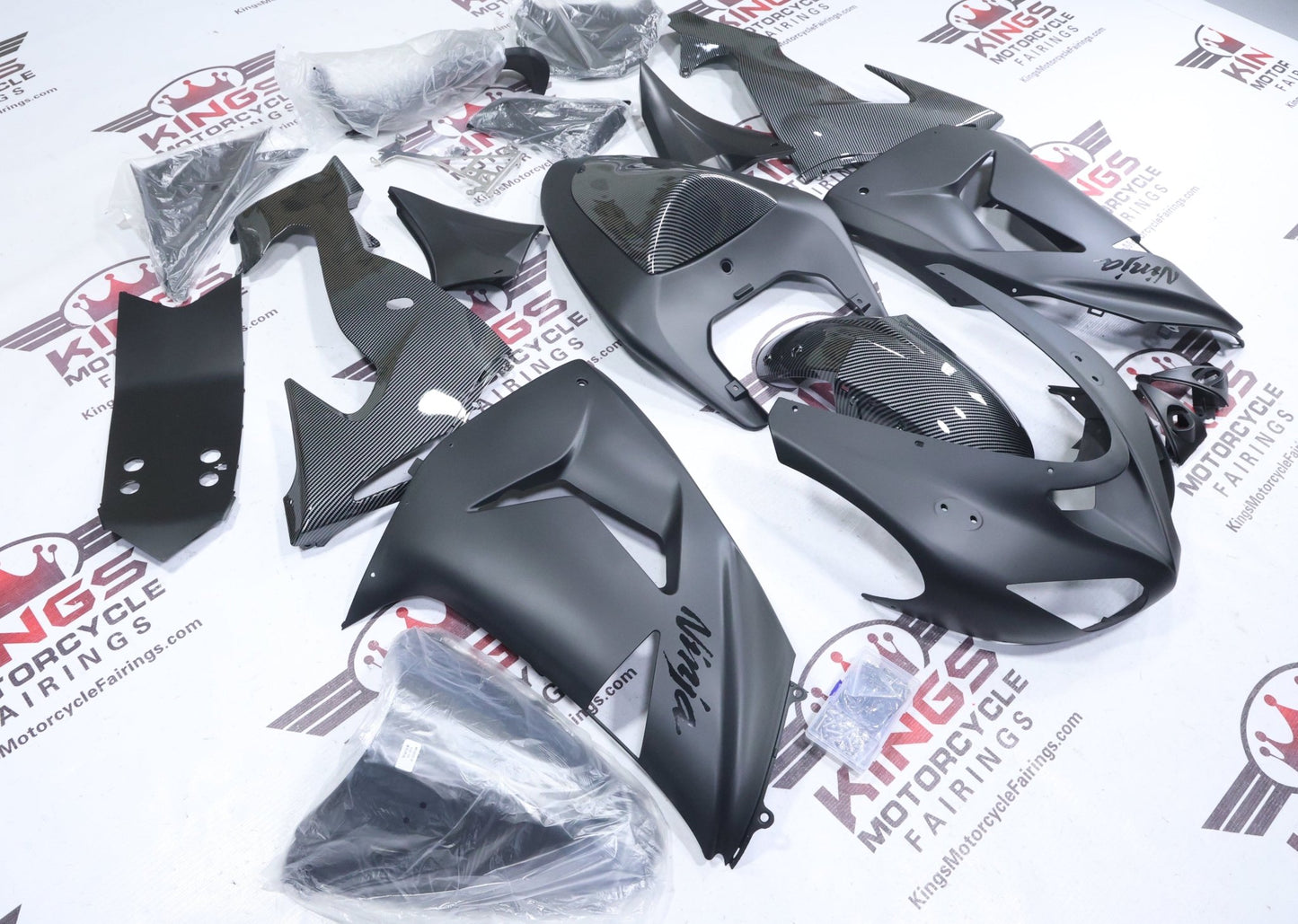 Kawasaki Ninja ZX10R Fairings (2006-2007) Matte Black, Faux Carbon Fiber at KingsMotorcycleFairings.com