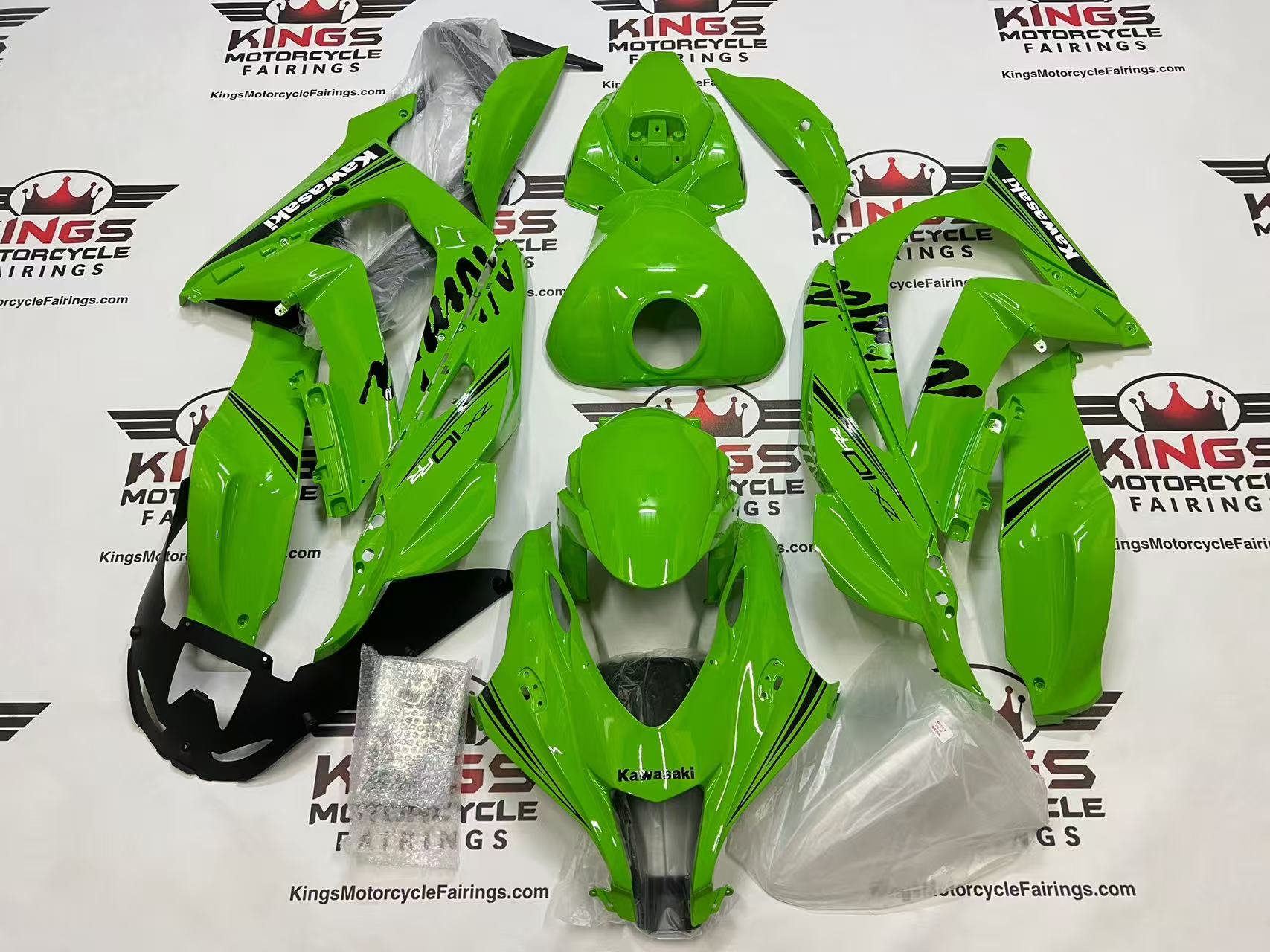 Kawasaki Ninja ZX10R Fairings (2016-2020) Green Lime, Black Stripe, White from KingsMotorcycleFairings.com