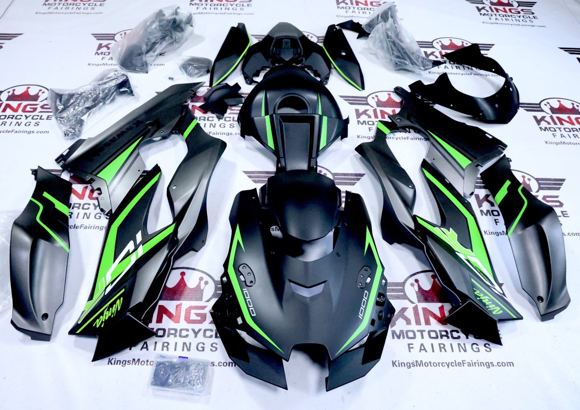 Kawasaki Ninja ZX10R Fairings (2021-2025) Matte Black, Gray, Green Stripe from KingsMotorcycleFairings.com