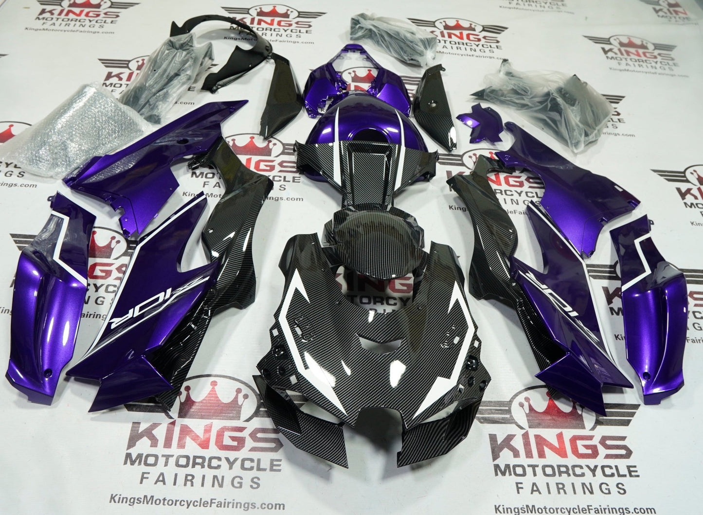 Kawasaki Ninja ZX-10R Fairings (2021-2025) Purple, Faux Carbon Fiber, White from KingsMotorcycleFairings.com
