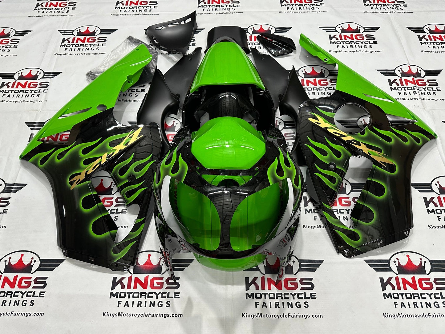 Kawasaki Ninja ZX12R Fairings (2000-2001) Black, Green Fire Flames at KingsMotorcycleFaierings.com