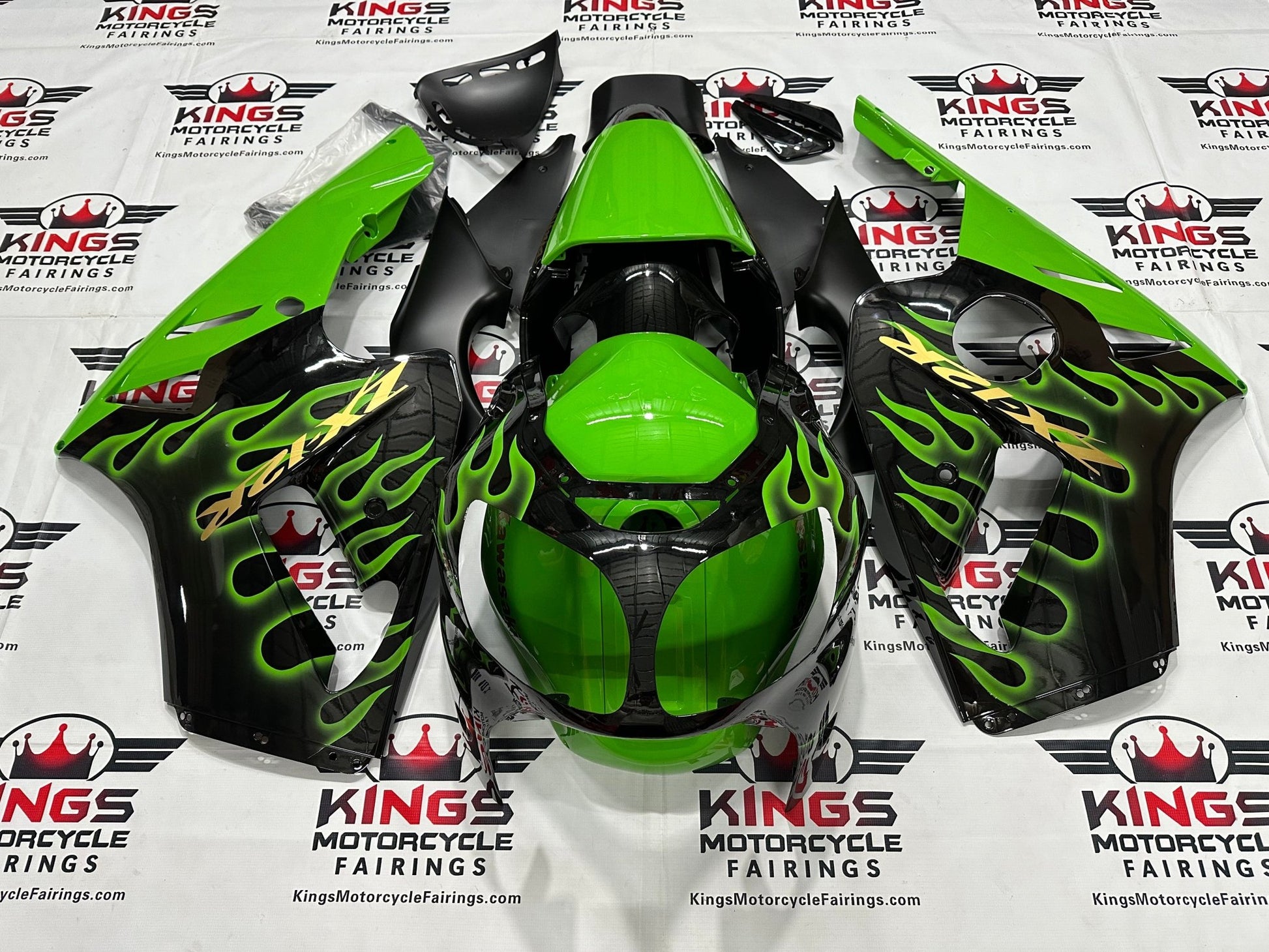 Kawasaki Ninja ZX12R Fairings (2000-2001) Black, Green Fire Flames at KingsMotorcycleFaierings.com