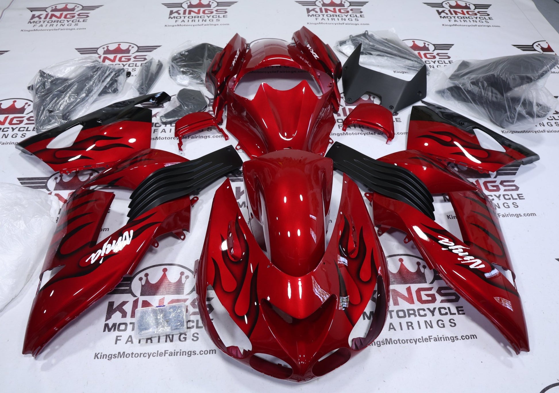 Kawasaki Ninja ZX14R Fairing Kit (2006-2011) Candy Red, Black Flames at KingsMotorcycleFairings.com
