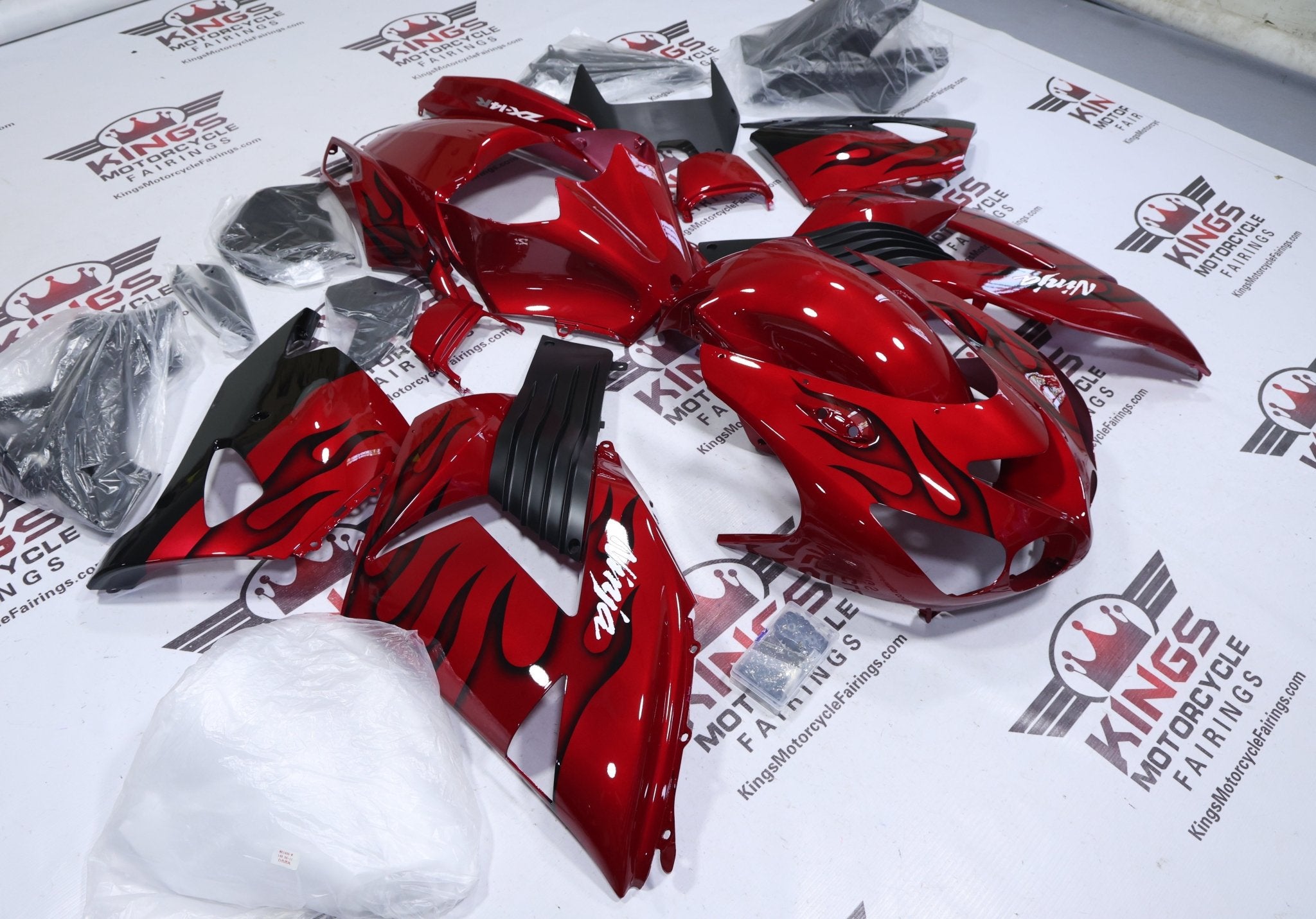 Kawasaki ZX14R (2006-2011) Candy Red, Black Flame Fairings