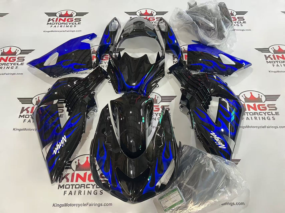 Kawasaki Ninja ZX14R Fairings (2006-2011) Black, Blue Fire at KingsMotorcycleFairings.com