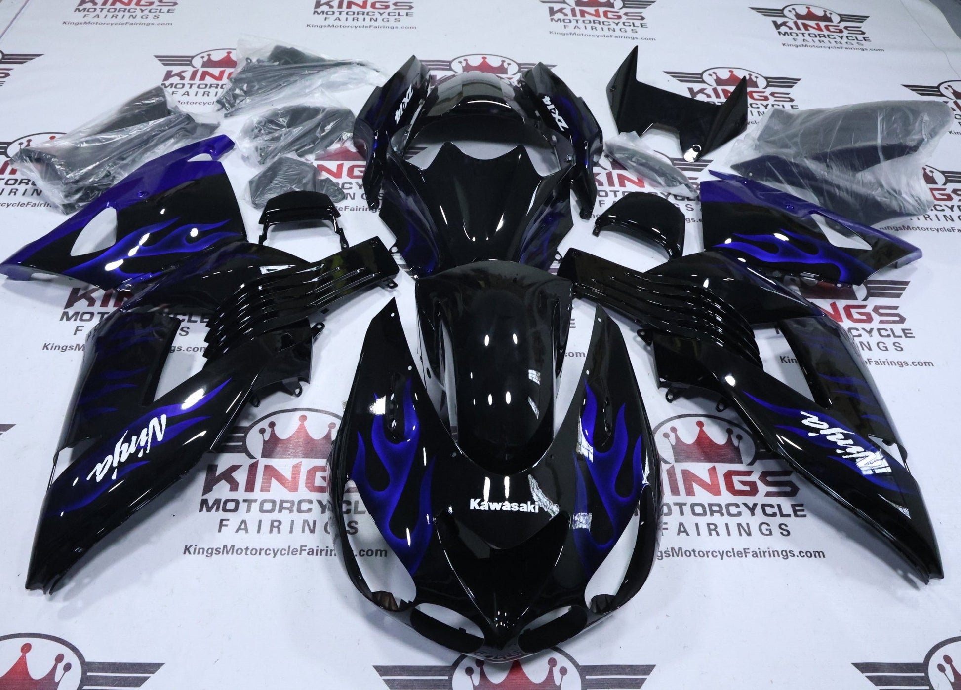 Kawasaki Ninja ZX14R Fairings (2006-2011) Black, Blue Flames, White at KingsMotorcycleFairings.com