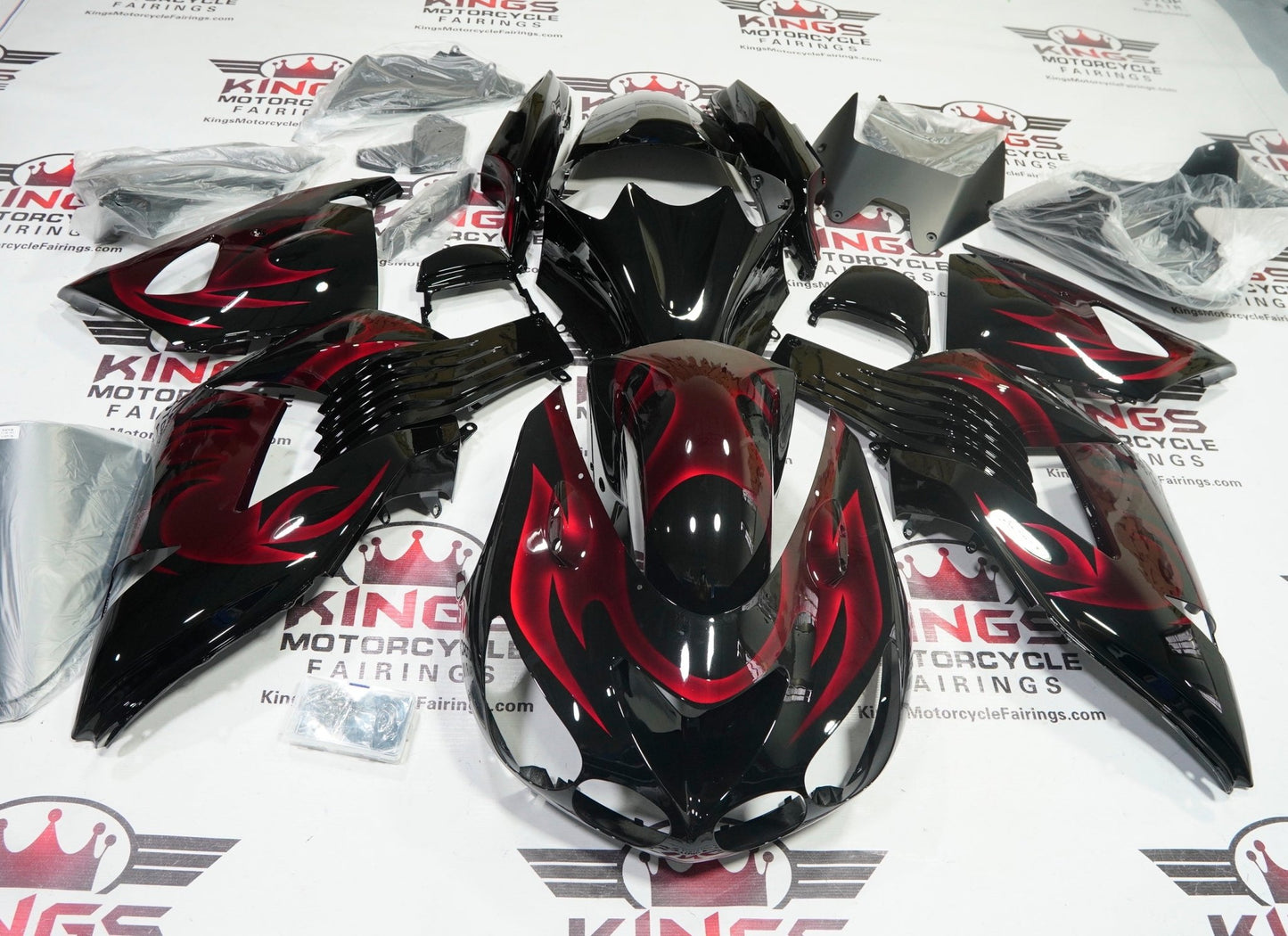 Kawasaki Ninja ZX14R Fairings (2006-2011) Black, Candy Red Flames at KingsMotorcycleFairings.com