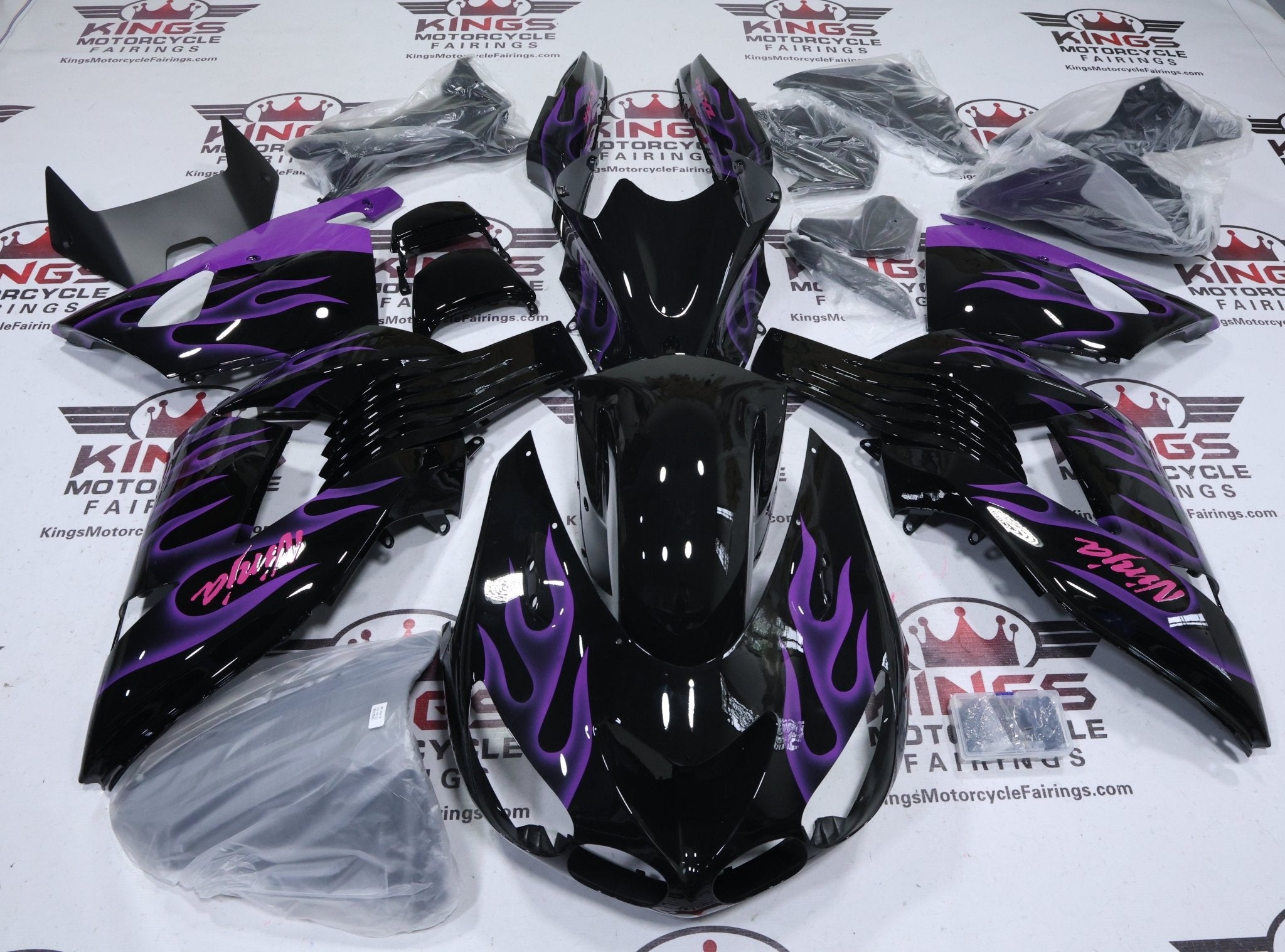 Kawasaki Ninja ZX14R Fairings (2006-2011) Black, Purple Flames, Pink at KingsMotorcycleFairings.com