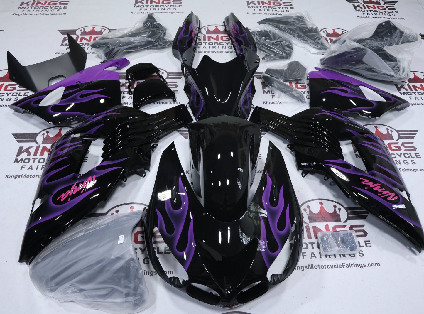 Kawasaki Ninja ZX14R Fairings (2006-2011) Black, Purple Flames, Pink at KingsMotorcycleFairings.com