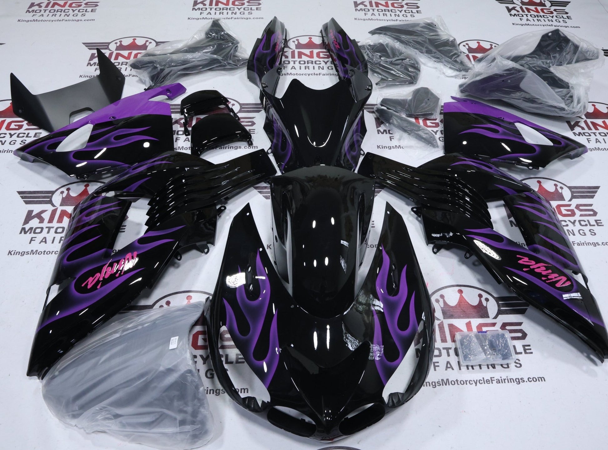Kawasaki Ninja ZX14R Fairings (2006-2011) Black, Purple Flames, Pink at KingsMotorcycleFairings.com