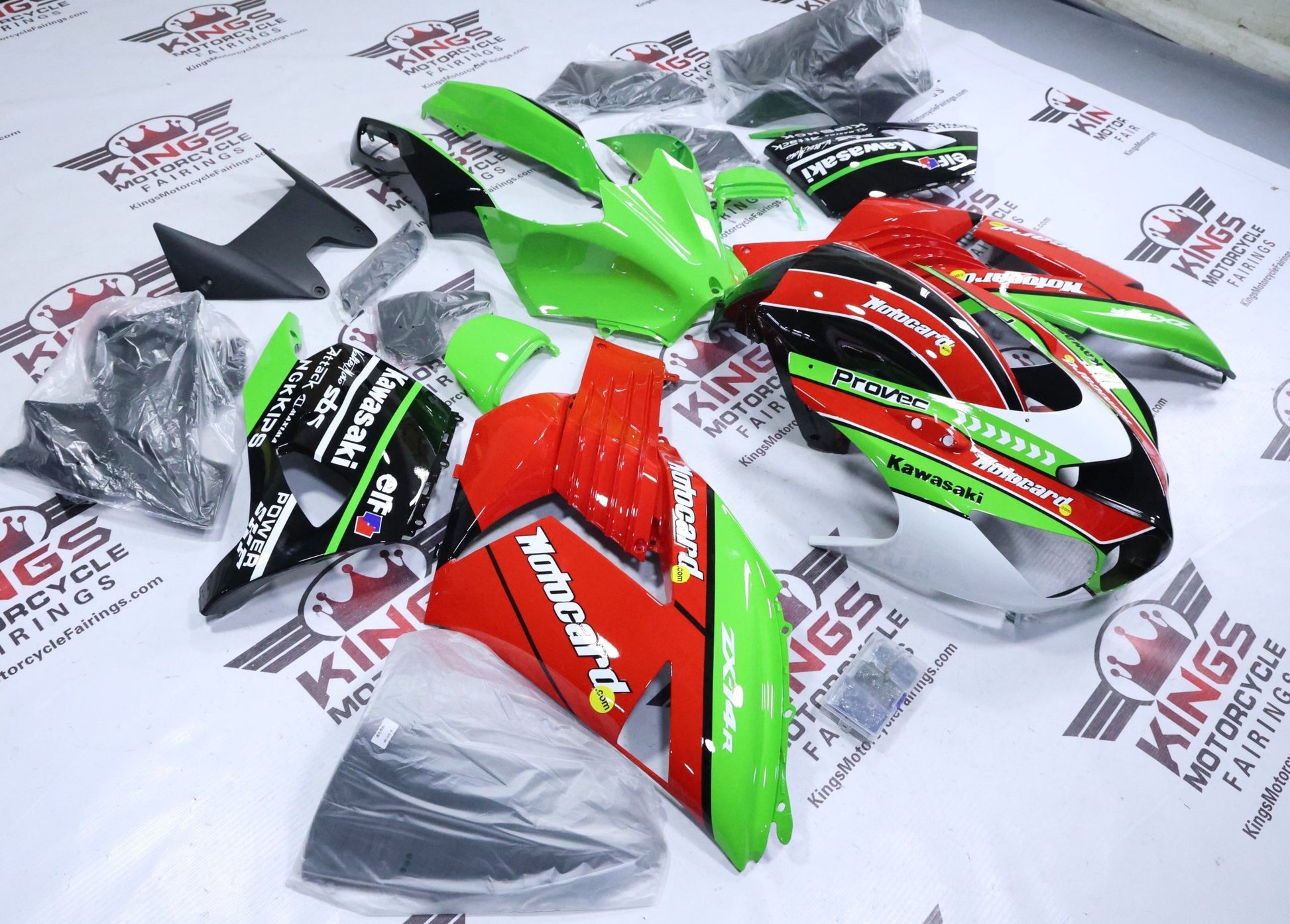 Kawasaki Ninja ZX14R Fairings (2006-2011) Green, Red, Black Motocard at KingsMotorcycleFairings.com