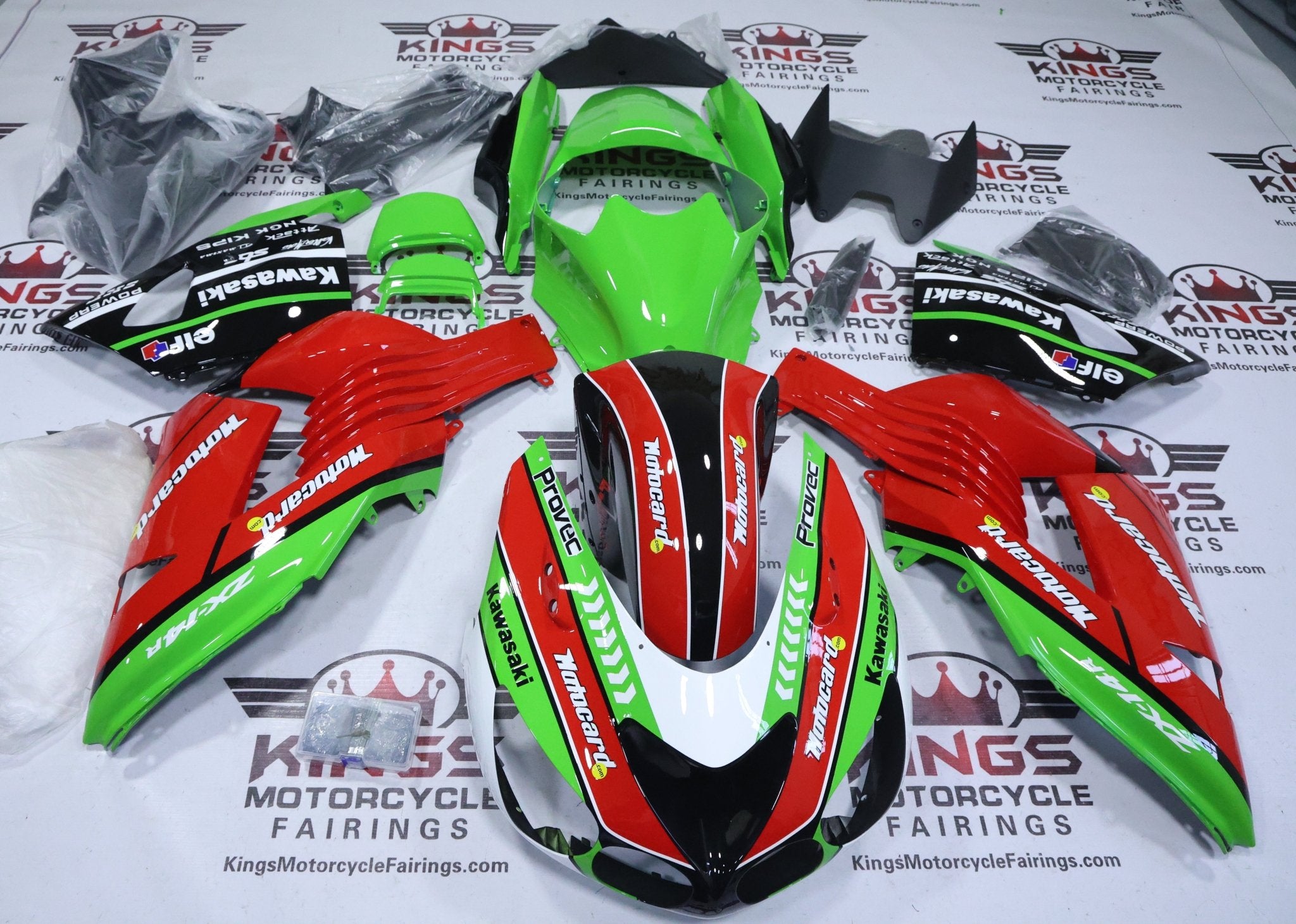 Kawasaki Ninja ZX14R Fairings (2006-2011) Red, Green Motocard at KingsMotorcycleFairings.com