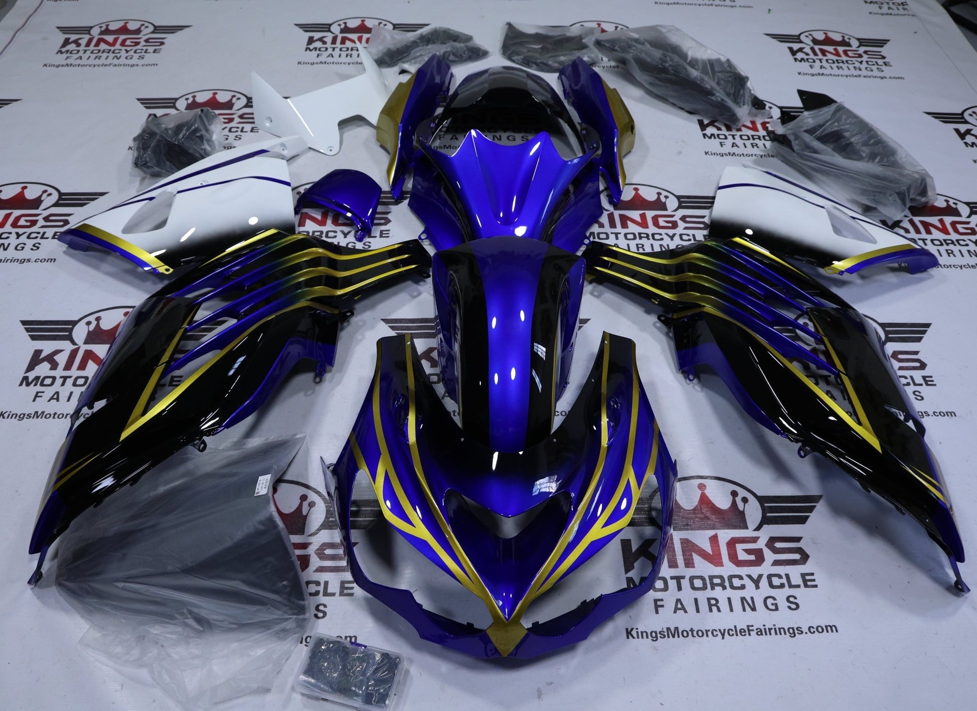 Kawasaki Ninja ZX14R Fairings (2012-2024) Blue, Black, Gold, White at KingsMotorcycleFairings.com