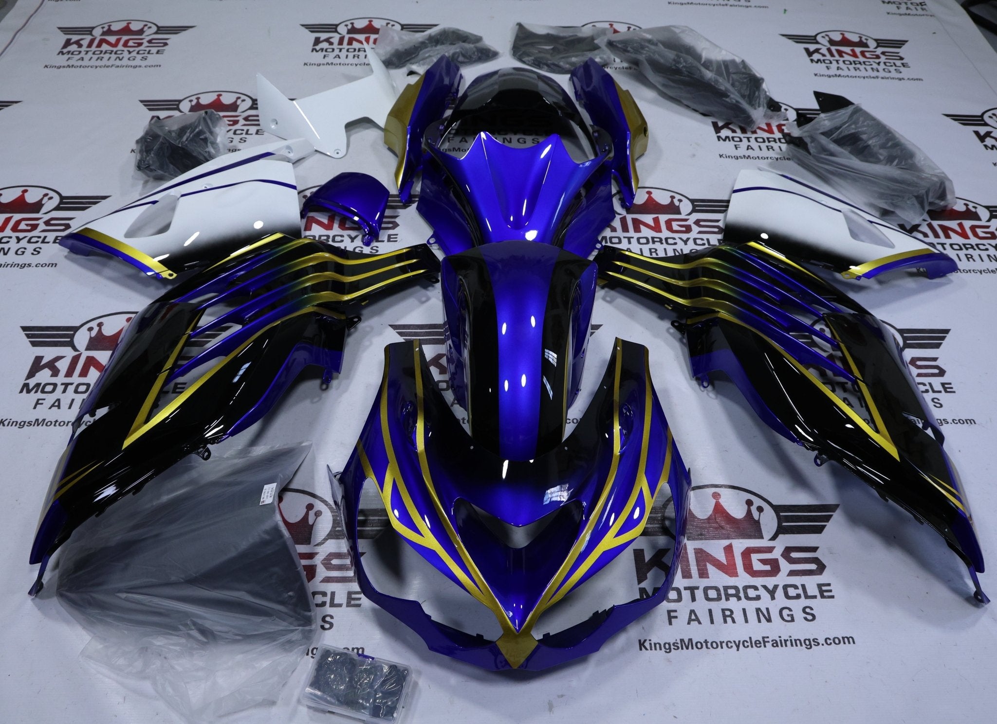 Kawasaki Ninja ZX14R Fairings (2012-2024) Blue, Black, Gold, White at KingsMotorcycleFairings.com