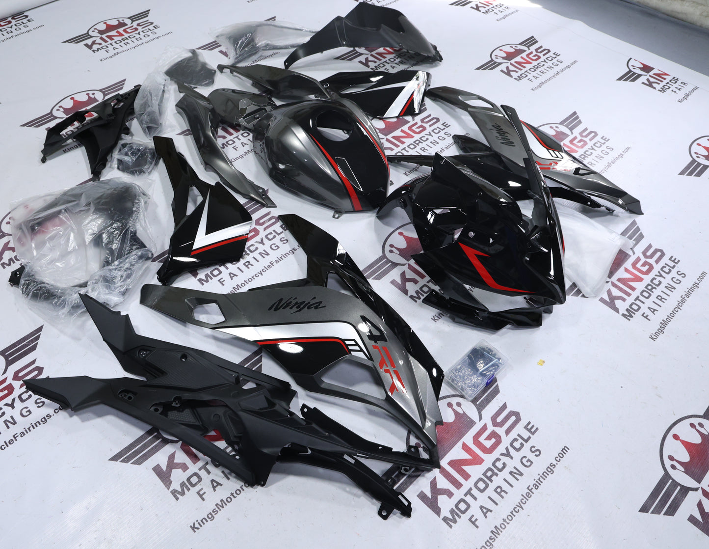 Kawasaki Ninja ZX4RR Fairings (2019-2025) Black, Gray, Red Stripe at KingsMotorcycleFairings.com
