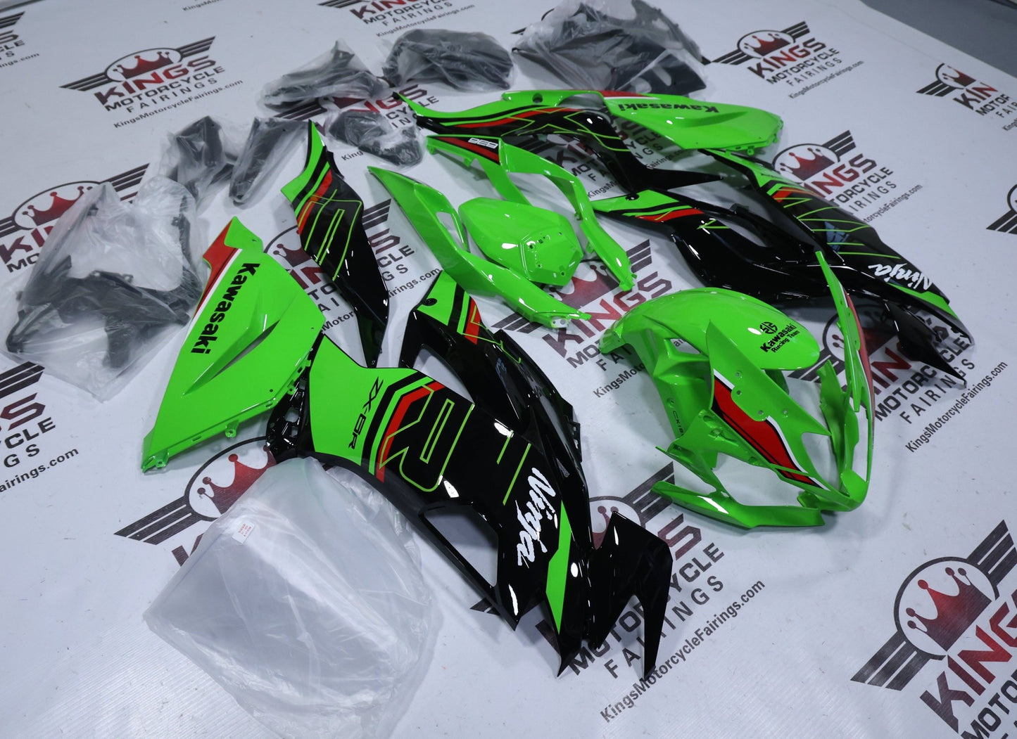 Kawasaki Ninja ZX6R 636 Fairing Kit (2024-2025) Green, Black, Red Stripe at KingsMotorcycleFairings.com