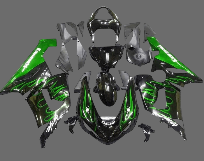 Kawasaki Ninja ZX6R 636 Fairings (2005-2006) Black, White, Green Flames at KingsMotorcycleFairings.com