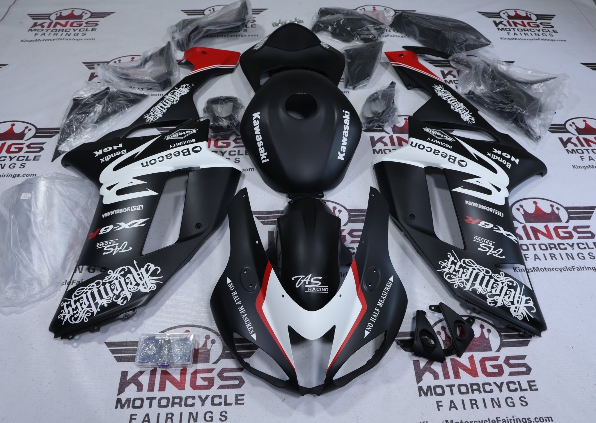 Kawasaki Ninja ZX6R 636 Fairings (2007-2008) Matte Black, White, Red Relentless at KingsMotorcycleFairings.com