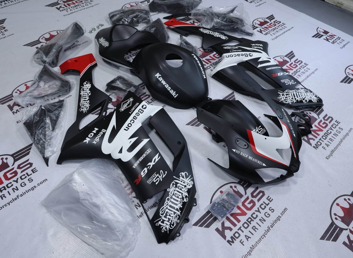 Kawasaki Ninja ZX6R 636 Fairings (2007-2008) Matte Black, White, Red Relentless from KingsMotorcycleFairings.com