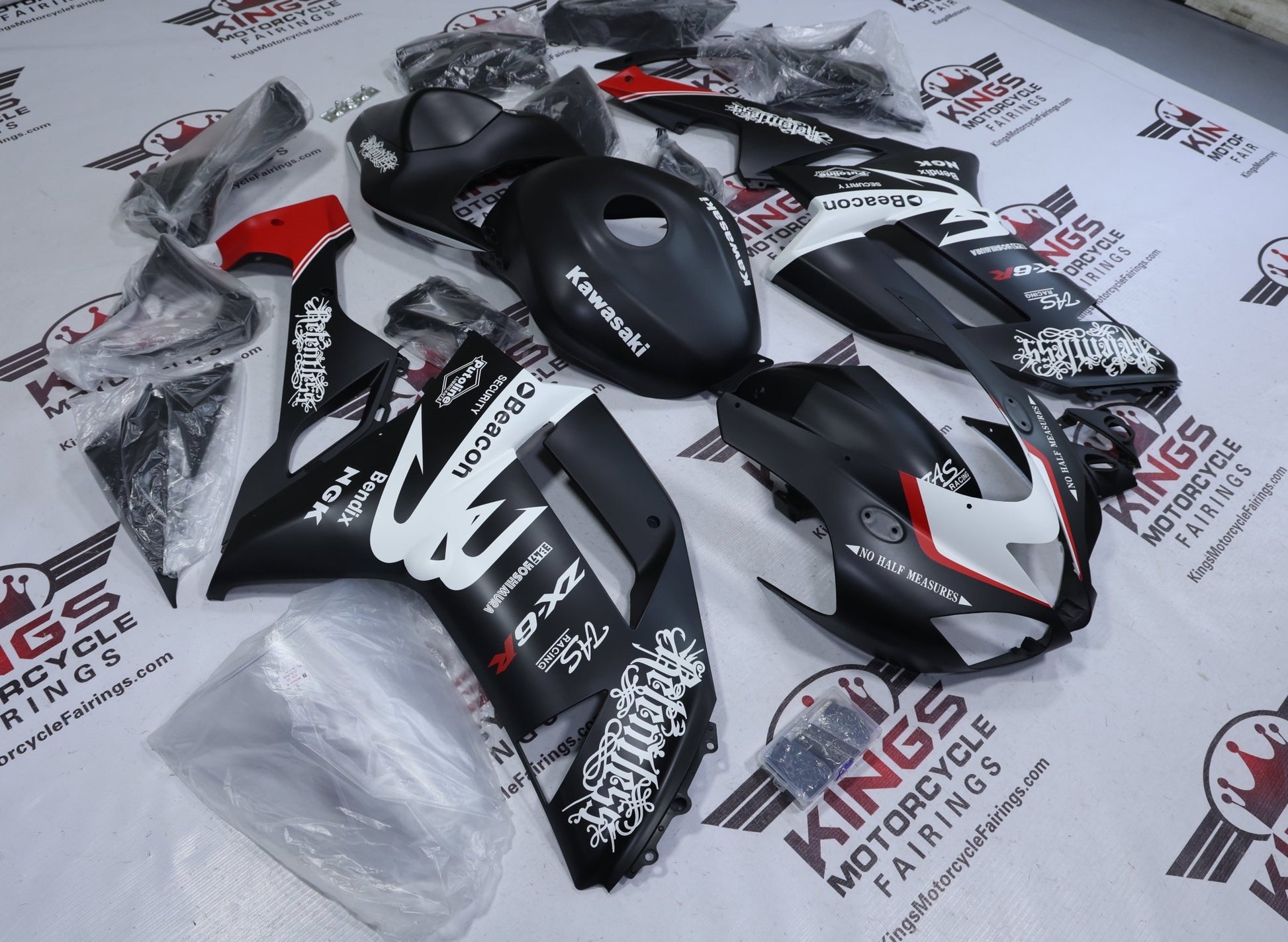 Kawasaki Ninja ZX6R 636 Fairings (2007-2008) Matte Black, White, Red Relentless from KingsMotorcycleFairings.com